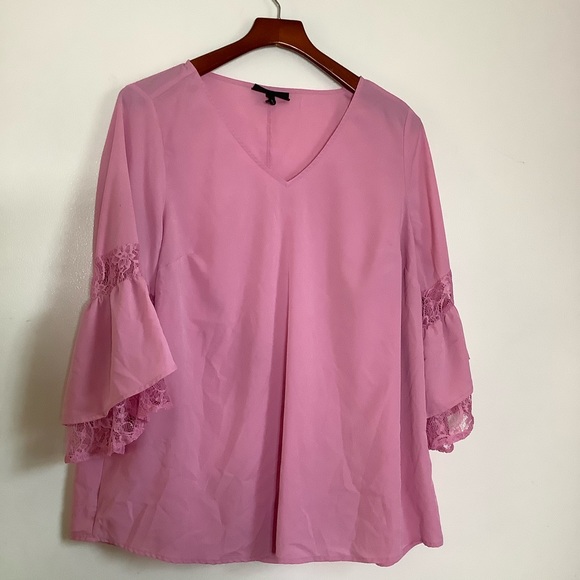 Lane Bryant Women's Pink 3/4 Lace Bell Sleeve Top Tunic Blouse Plus Size 14/16 - Picture 4 of 9